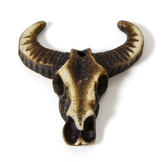 Picture of 5 PCs Resin Boho Chic Bohemia Pendants Bull Head/ Cow Head Skull Dark Brown 5.9cm x 5.2cm