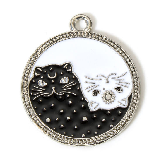 Bild von 10 Stück Zinklegierung Charms Silberfarbe Schwarz & Weiß Katze Sonne & Mond Emaille 25mm x 22mm