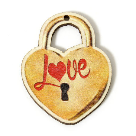 Picture of 10 PCs Natural Wood Valentine's Day Pendants Orange Lock Message " LOVE " 4.5cm x 3.5cm