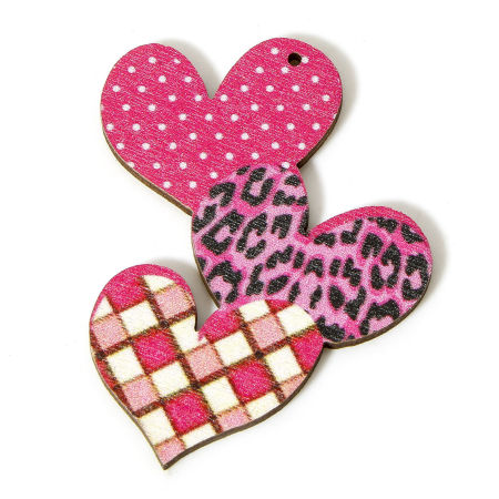 Picture of 10 PCs Natural Wood Valentine's Day Pendants Fuchsia Heart Leopard Print 4.9cm x 4cm