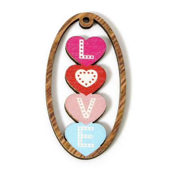 Bild von 10 Stück Holz Valentinstag Anhänger Bunt Oval Herz Message " LOVE " 4.9cm x 2.6cm