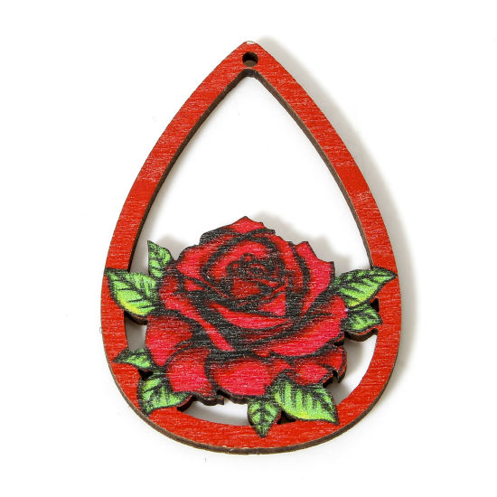 Picture of 10 PCs Wood Valentine's Day Pendants Red Drop Rose Flower Hollow 5cm x 3.4cm