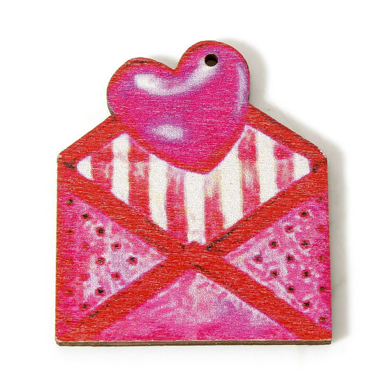 Bild von 10 Stück Holz Valentinstag Anhänger Fuchsie Briefumschlag Herz 3.9cm x 3.3cm