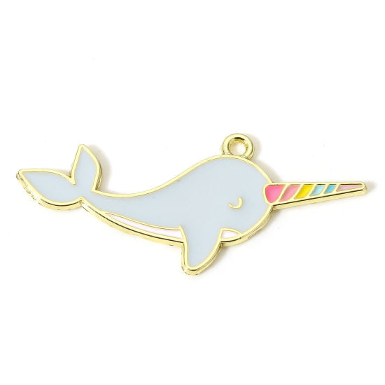 Picture of 5 PCs Zinc Based Alloy Ocean Jewelry Charms Gold Plated French Gray Narwhal Enamel 4.8cm x 2cm