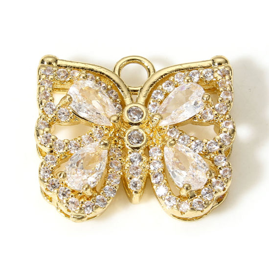 Picture of 1 Piece Brass & Glass Insect Charms Gold Plated Transparent Clear Butterfly Animal Micro Pave 17mm x 15mm                                                                                                                                                     