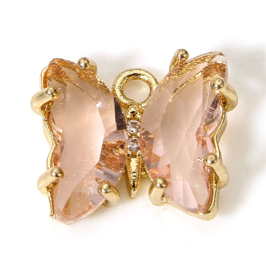 Bild von 5 Stück Messing + Glas Insekt Charms Vergoldet Hot Pink Schmetterling 12mm x 10mm                                                                                                                                                                             