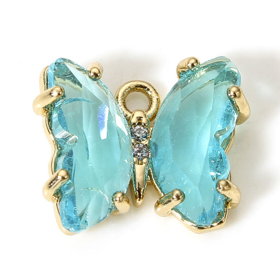 Bild von 5 Stück Messing + Glas Insekt Charms Vergoldet Azurblau Schmetterling 12mm x 10mm                                                                                                                                                                             