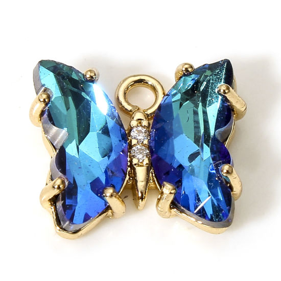 Bild von 5 Stück Messing + Glas Insekt Charms Vergoldet Blau AB Farbe Schmetterling 12mm x 10mm                                                                                                                                                                        