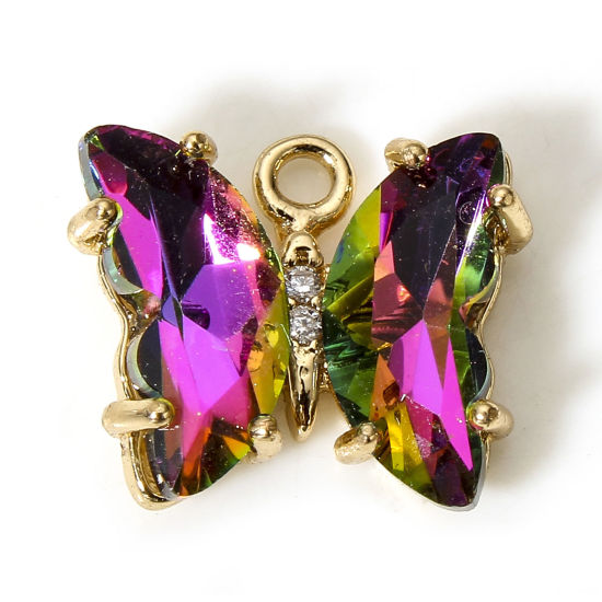 Bild von 5 Stück Messing + Glas Insekt Charms Vergoldet Lila AB Farbe Schmetterling 12mm x 10mm                                                                                                                                                                        