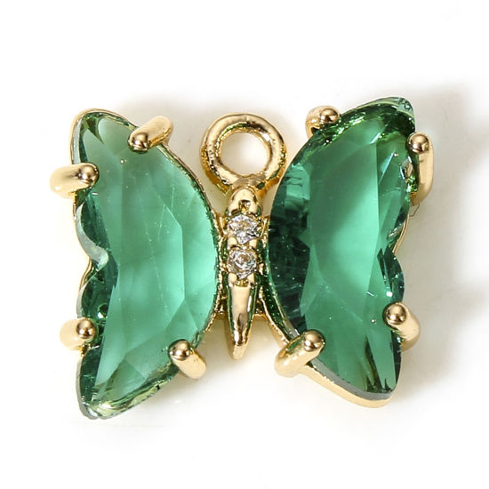 Bild von 5 Stück Messing + Glas Insekt Charms Vergoldet Grün Schmetterling 12mm x 10mm                                                                                                                                                                                 