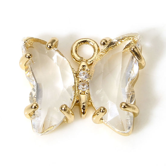 Bild von 5 Stück Messing + Glas Insekt Charms Vergoldet Transparent Schmetterling 12mm x 10mm                                                                                                                                                                          