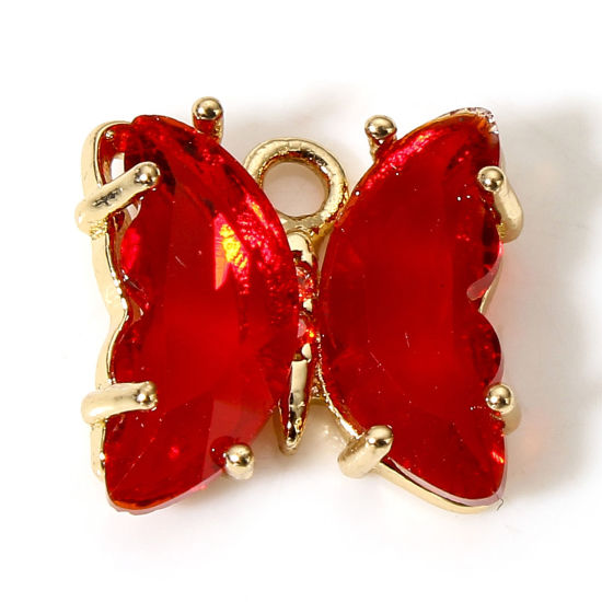 Bild von 5 Stück Messing + Glas Insekt Charms Vergoldet Rot Schmetterling 12mm x 10mm                                                                                                                                                                                  