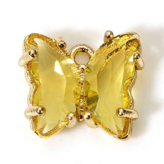 Bild von 5 Stück Messing + Glas Insekt Charms Vergoldet Gelb Schmetterling 12mm x 10mm                                                                                                                                                                                 