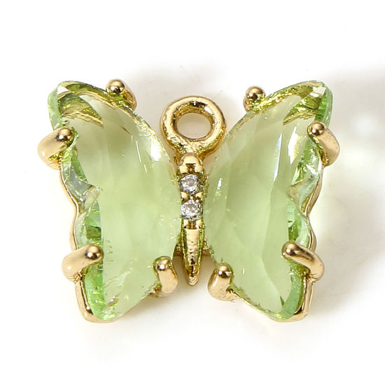 Picture of 5 PCs Brass & Glass Insect Charms Gold Plated Light Green Butterfly Animal 12mm x 10mm                                                                                                                                                                        