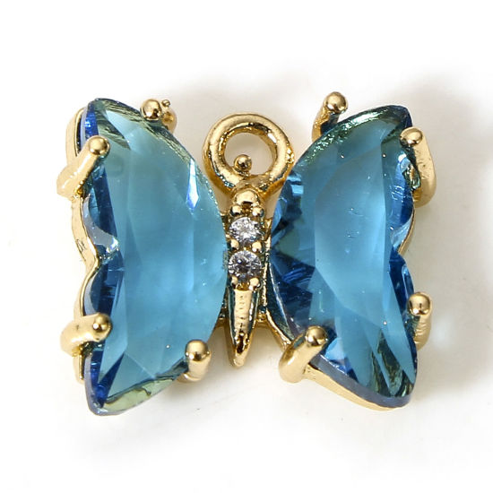 Bild von 5 Stück Messing + Glas Insekt Charms Vergoldet Pfauenblau Schmetterling 12mm x 10mm                                                                                                                                                                           