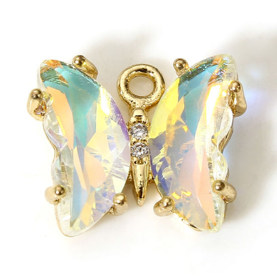 Bild von 5 Stück Messing + Glas Insekt Charms Vergoldet Transparent AB Farbe Schmetterling 12mm x 10mm                                                                                                                                                                 