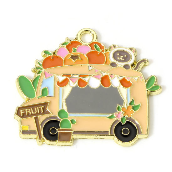 Picture of 5 PCs Zinc Based Alloy Pendants Gold Plated Bus Fruit Enamel 3.2cm x 2.8cm