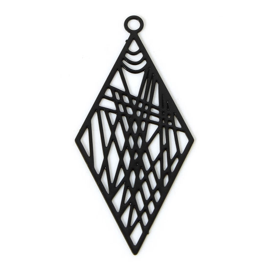 Image de 20 Pcs Pendentifs Estampe en Filigrane en Alliage de Fer Noir Losange Laqué 3.3cm x 1.6cm
