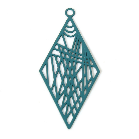 Image de 20 Pcs Pendentifs Estampe en Filigrane en Alliage de Fer Vert Paon Losange Laqué 3.3cm x 1.6cm