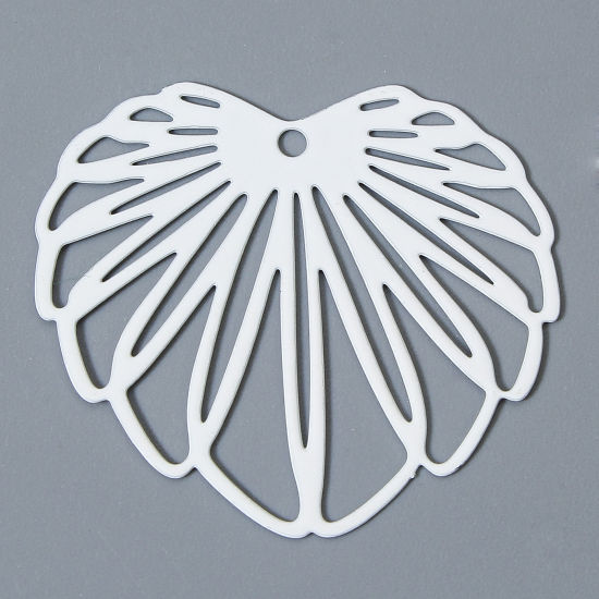Picture of 10 PCs Iron Based Alloy Filigree Stamping Pendants White Monstera Leaf Painted 3.5cm x 3.2cm