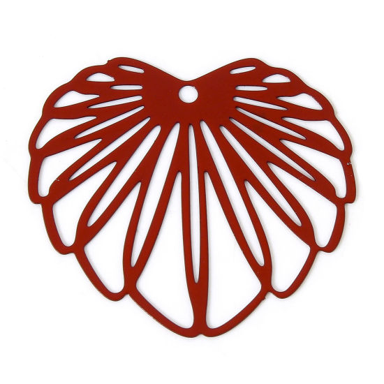 Picture of 10 PCs Iron Based Alloy Filigree Stamping Pendants Red Monstera Leaf Painted 3.5cm x 3.2cm