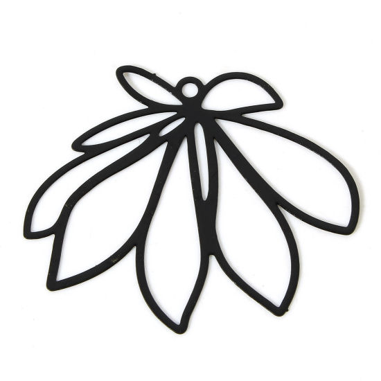 Image de 10 Pcs Pendentifs Estampe en Filigrane en Alliage de Fer Noir Feuilles de Fleur Laqué 3.6cm x 3cm