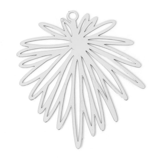 Image de 10 Pcs Pendentifs Estampe en Filigrane en Alliage de Fer Argent Mat Feuilles de Fleur 3.9cm x 3.3cm