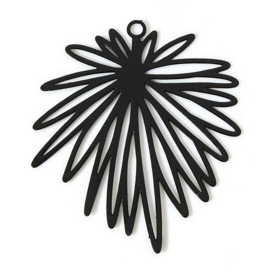 Image de 10 Pcs Pendentifs Estampe en Filigrane en Alliage de Fer Noir Feuilles de Fleur Laqué 3.9cm x 3.3cm