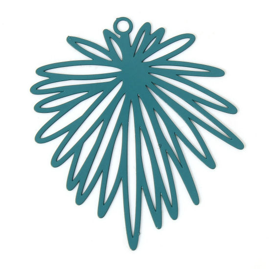 Image de 10 Pcs Pendentifs Estampe en Filigrane en Alliage de Fer Vert Paon Feuilles de Fleur Laqué 3.9cm x 3.3cm