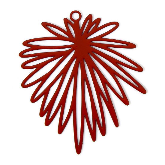 Image de 10 Pcs Pendentifs Estampe en Filigrane en Alliage de Fer Rouge Feuilles de Fleur Laqué 3.9cm x 3.3cm