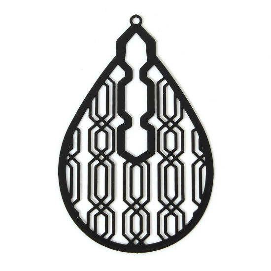 Bild von 10 Stück Eisenlegierung Filigran Stempel Verzierung Anhänger Schwarz Tropfen Spritzlackierung 5.2cm x 3.3cm