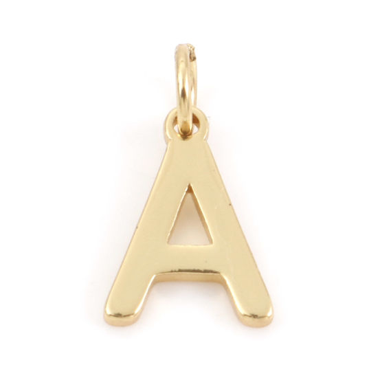 Picture of 2 PCs Brass Charms 18K Real Gold Plated Capital Alphabet/ Letter Message " A " 13mm x 7mm                                                                                                                                                                     