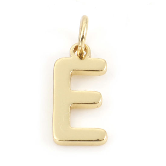Picture of 2 PCs Brass Charms 18K Real Gold Plated Capital Alphabet/ Letter Message " E " 13mm x 5mm                                                                                                                                                                     