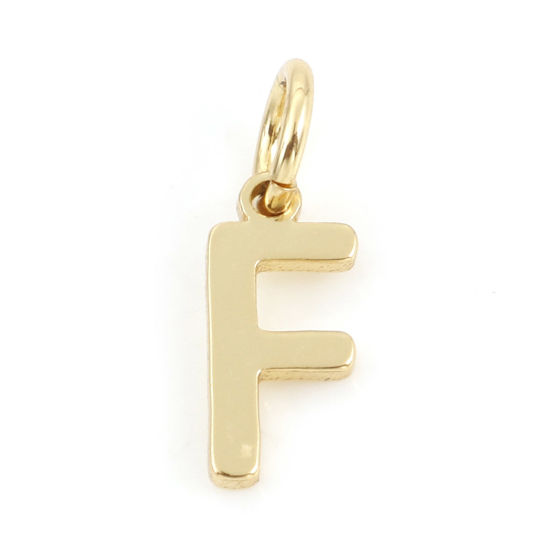 Picture of 2 PCs Brass Charms 18K Real Gold Plated Capital Alphabet/ Letter Message " F " 13mm x 5mm                                                                                                                                                                     