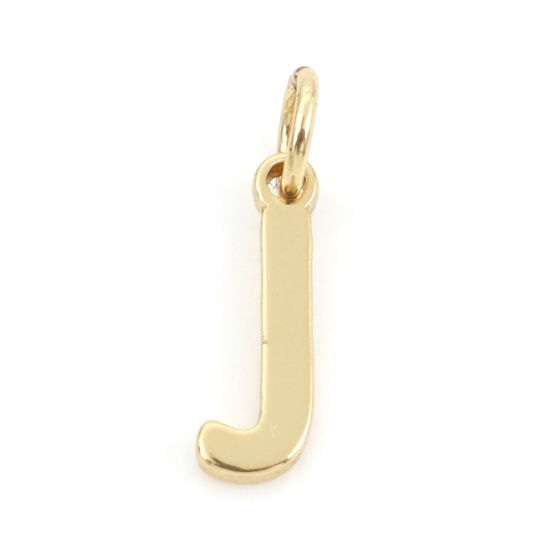 Picture of 2 PCs Brass Charms 18K Real Gold Plated Capital Alphabet/ Letter Message " J " 13mm x 3mm                                                                                                                                                                     