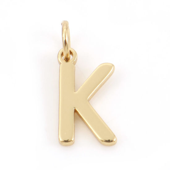 Picture of 2 PCs Brass Charms 18K Real Gold Plated Capital Alphabet/ Letter Message " K " 13mm x 6mm                                                                                                                                                                     