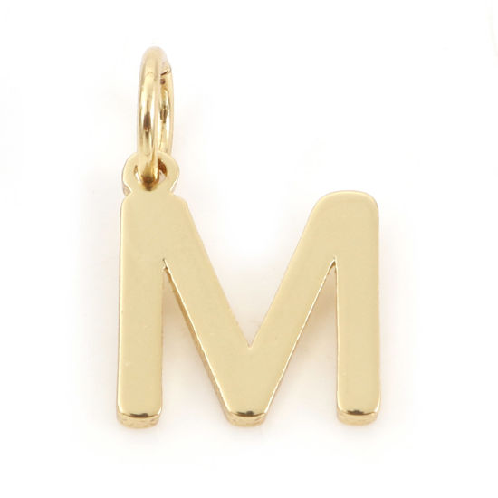 Picture of 2 PCs Brass Charms 18K Real Gold Plated Capital Alphabet/ Letter Message " M " 13mm x 9mm                                                                                                                                                                     