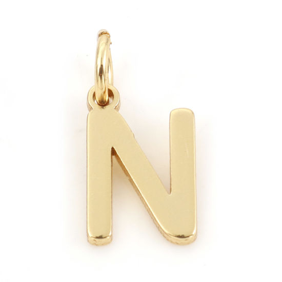 Picture of 2 PCs Brass Charms 18K Real Gold Plated Capital Alphabet/ Letter Message " N " 13mm x 6mm                                                                                                                                                                     