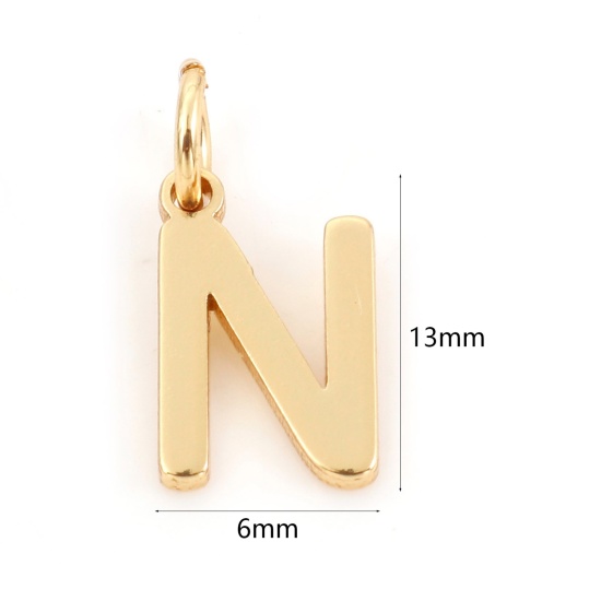 Bild von 2 Stück Messing Charms 18K Echtgold plattiert Buchstabe Message N " 13mm x 6mm