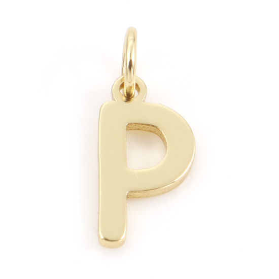Picture of 2 PCs Brass Charms 18K Real Gold Plated Capital Alphabet/ Letter Message " P " 13mm x 5mm                                                                                                                                                                     
