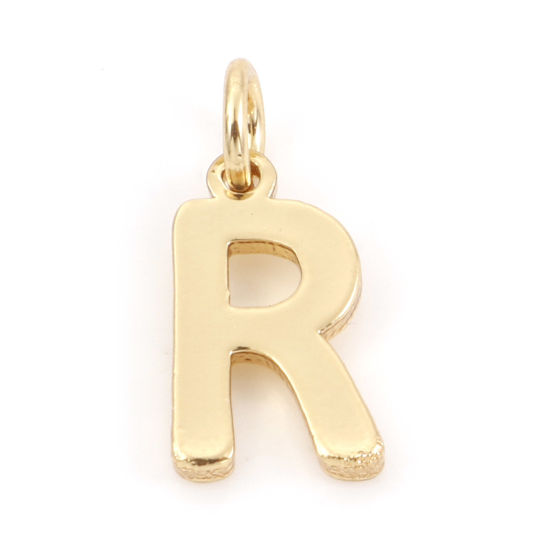 Picture of 2 PCs Brass Charms 18K Real Gold Plated Capital Alphabet/ Letter Message " R " 13mm x 6mm                                                                                                                                                                     