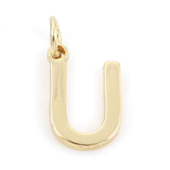 Picture of 2 PCs Brass Charms 18K Real Gold Plated Capital Alphabet/ Letter Message " U " 13mm x 6.5mm                                                                                                                                                                   