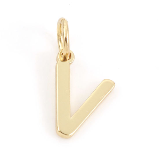 Picture of 2 PCs Brass Charms 18K Real Gold Plated Capital Alphabet/ Letter Message " V " 13mm x 7mm                                                                                                                                                                     