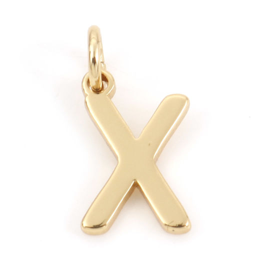 Picture of 2 PCs Brass Charms 18K Real Gold Plated Capital Alphabet/ Letter Message " X " 13mm x 6mm                                                                                                                                                                     