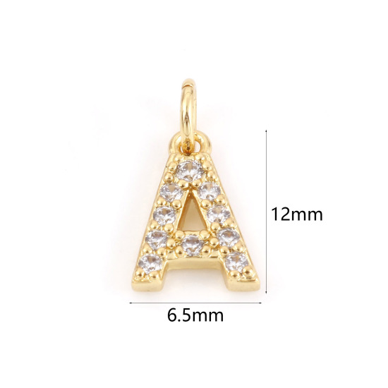 Picture of 2 PCs Brass Charms 18K Real Gold Plated Capital Alphabet/ Letter Message " A " Micro Pave Clear Cubic Zirconia 12mm x 6.5mm