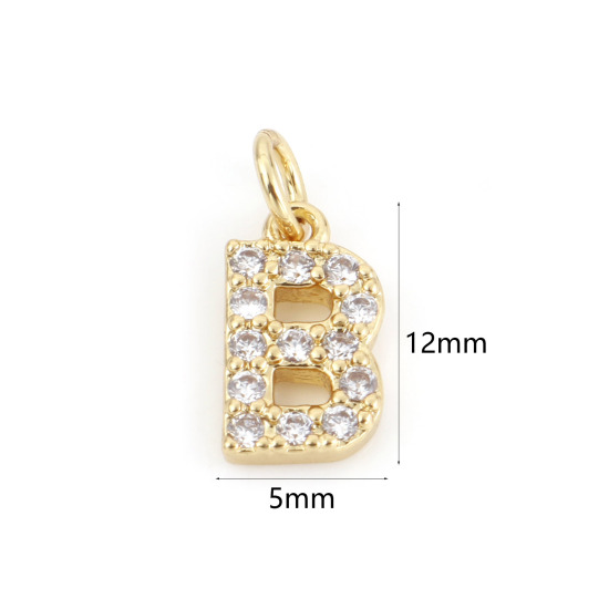 Picture of 2 PCs Brass Charms 18K Real Gold Plated Capital Alphabet/ Letter Message " B " Micro Pave Clear Cubic Zirconia 12mm x 5mm