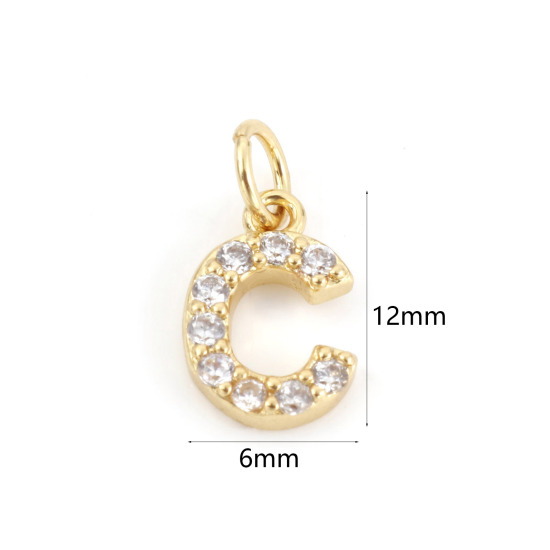 Picture of 2 PCs Brass Charms 18K Real Gold Plated Capital Alphabet/ Letter Message " C " Micro Pave Clear Cubic Zirconia 12mm x 6mm