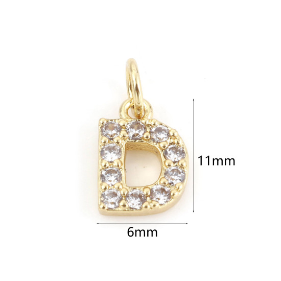 Picture of 2 PCs Brass Charms 18K Real Gold Plated Capital Alphabet/ Letter Message " D " Micro Pave Clear Cubic Zirconia 11mm x 6mm