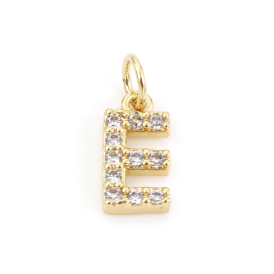 Picture of 2 PCs Brass Charms 18K Real Gold Plated Capital Alphabet/ Letter Message " E " Micro Pave Clear Cubic Zirconia 12mm x 5mm