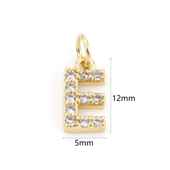 Picture of 2 PCs Brass Charms 18K Real Gold Plated Capital Alphabet/ Letter Message " E " Micro Pave Clear Cubic Zirconia 12mm x 5mm